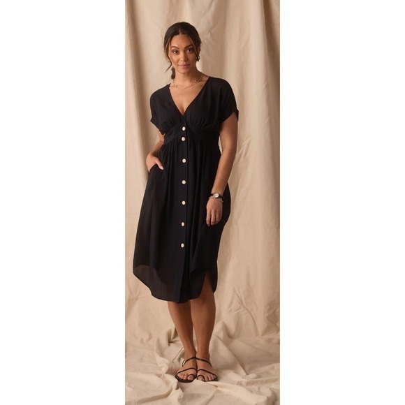 The Normal Brand Dresses & Skirts - The Normal Brand Deep V Button Through Dress Womens XL Black Viscose Pockets